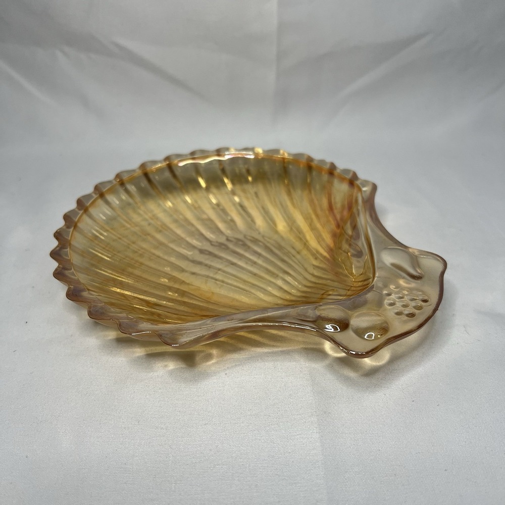 Vintage Iridescent Rose Marigold Carnival Glass Clam Scallop Shell Shaped Dish